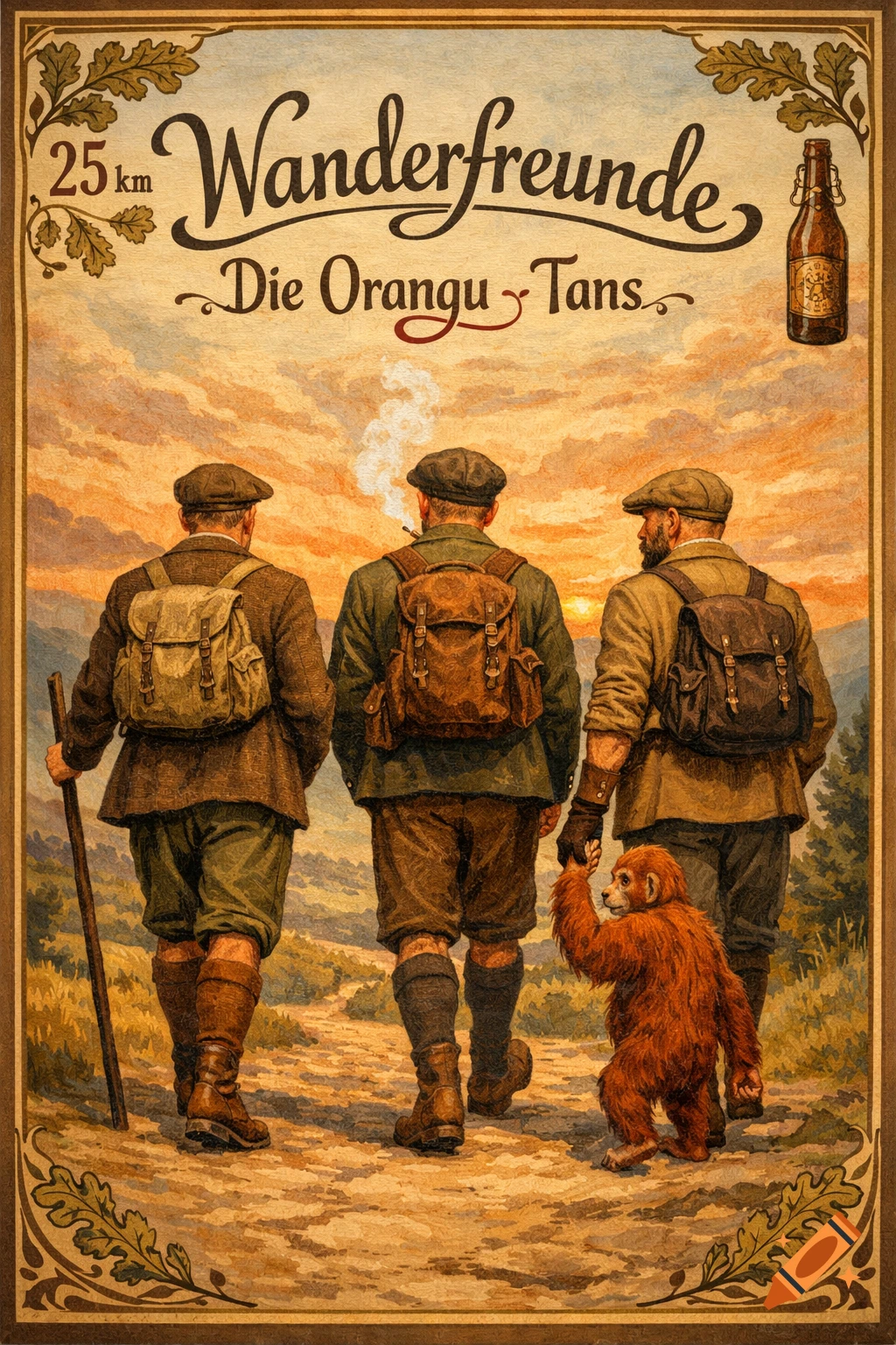 Vintage Art Nouveau poster of three men and an orangutan hiking into a sunset landscape, with text "Wanderfreunde Die Orangu-Tans" and "25 km".