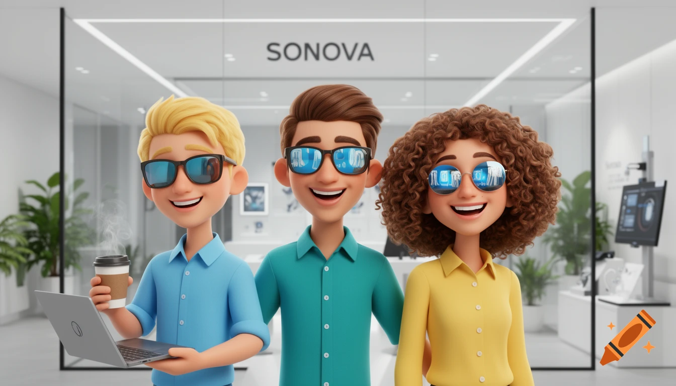 Three smiling 3D cartoon colleagues in sunglasses, one holding a laptop and coffee, in a modern Sonova office.