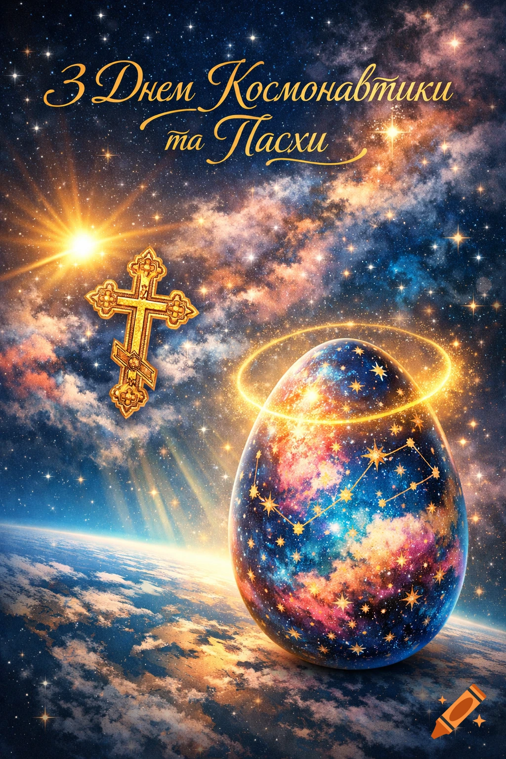 A vibrant space scene with a golden Orthodox cross, a planet-like Easter egg with constellations, and Ukrainian text 'Happy Cosmonautics Day and Easter'.