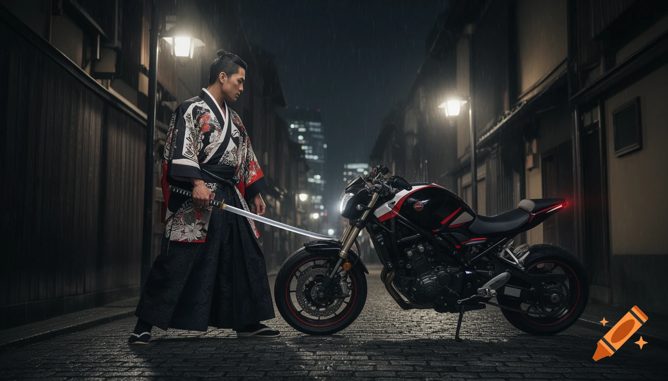 A samurai in traditional attire with a katana faces a modern black, white, and red motorcycle on a wet, rainy urban street at night, photorealistic.