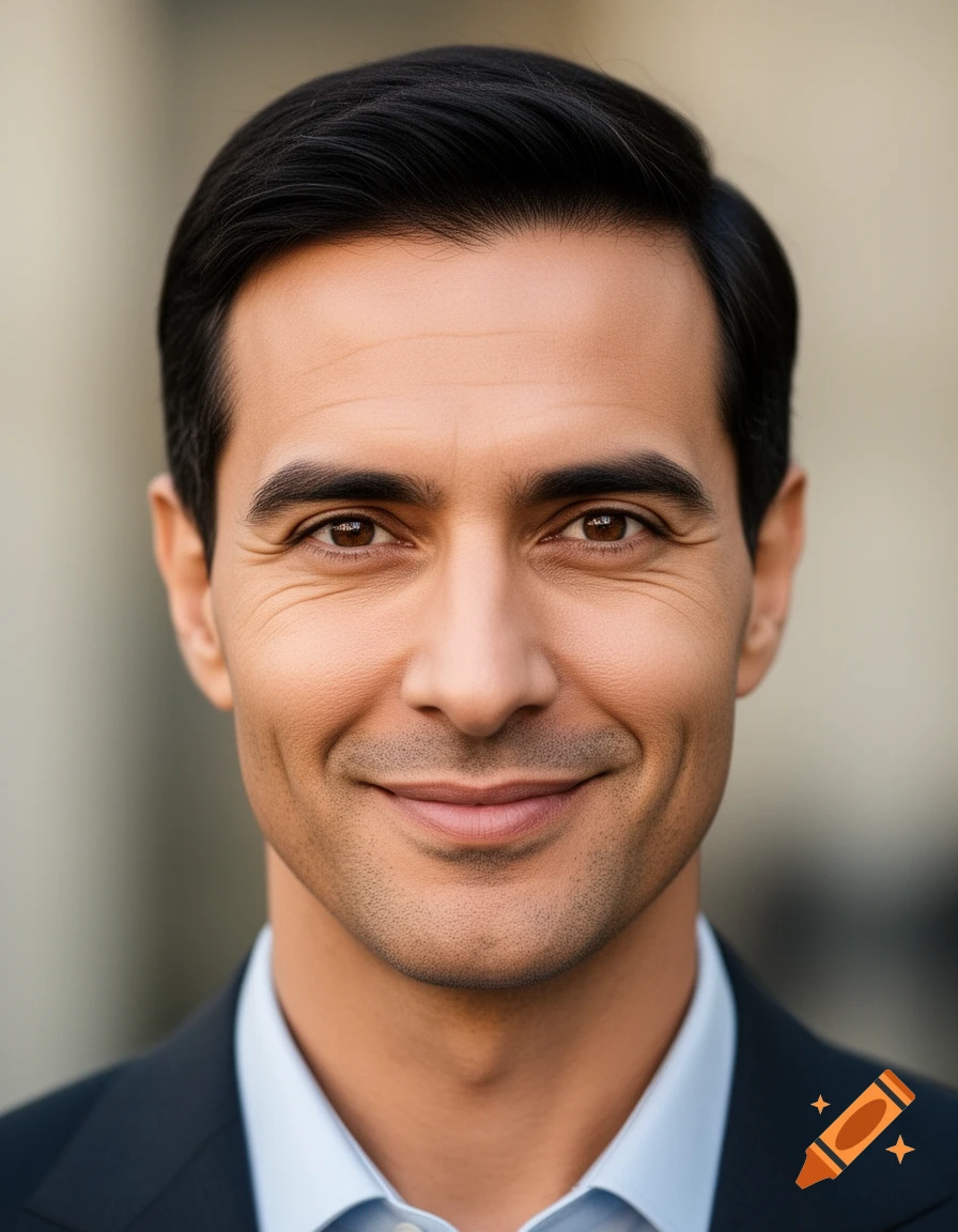 Close-up photorealistic portrait of a smiling man with dark hair in a suit.