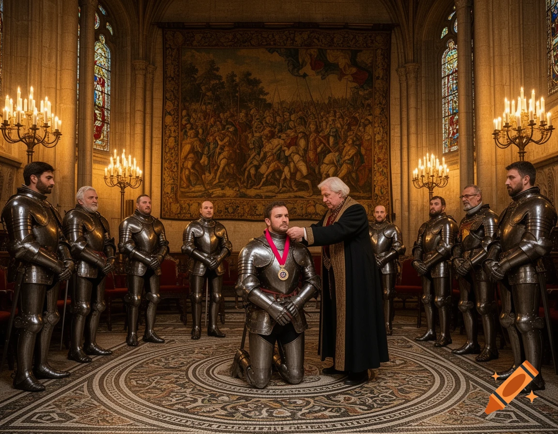 A photorealistic image of a knight kneeling to receive a medal from an older man in a grand hall, surrounded by other standing knights in armor.