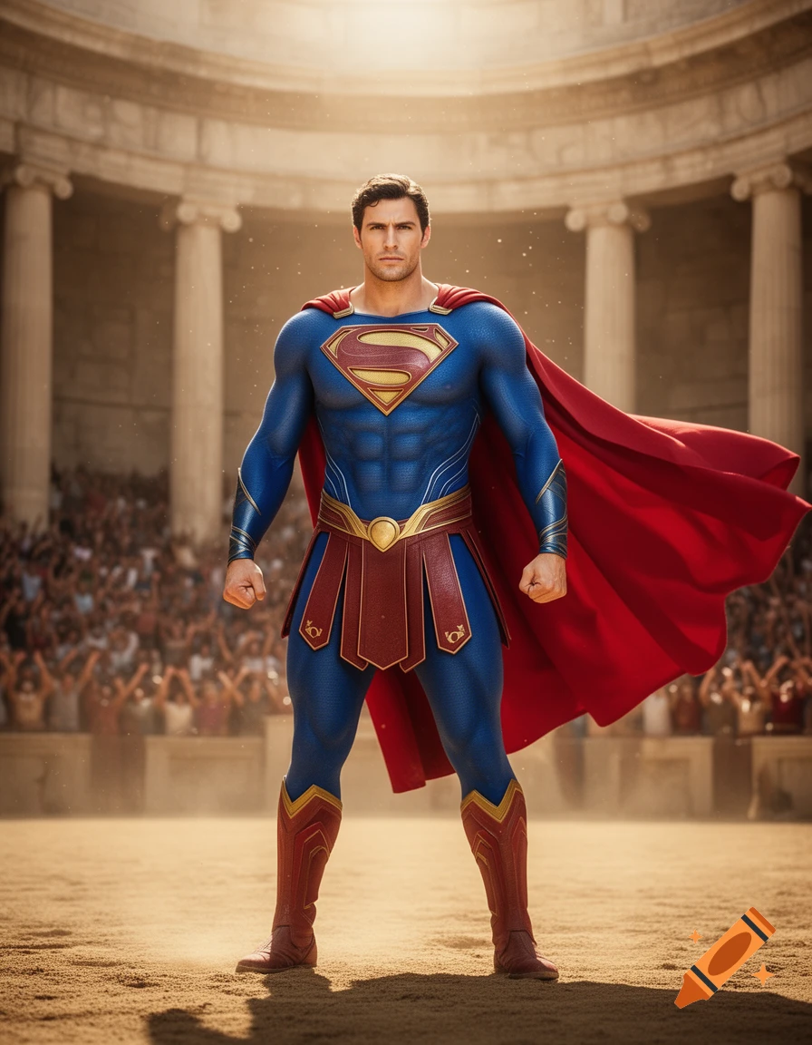 A man in a blue Superman suit with a red cape and gladiatorial armor stands in an ancient Roman arena with a crowd in the background.