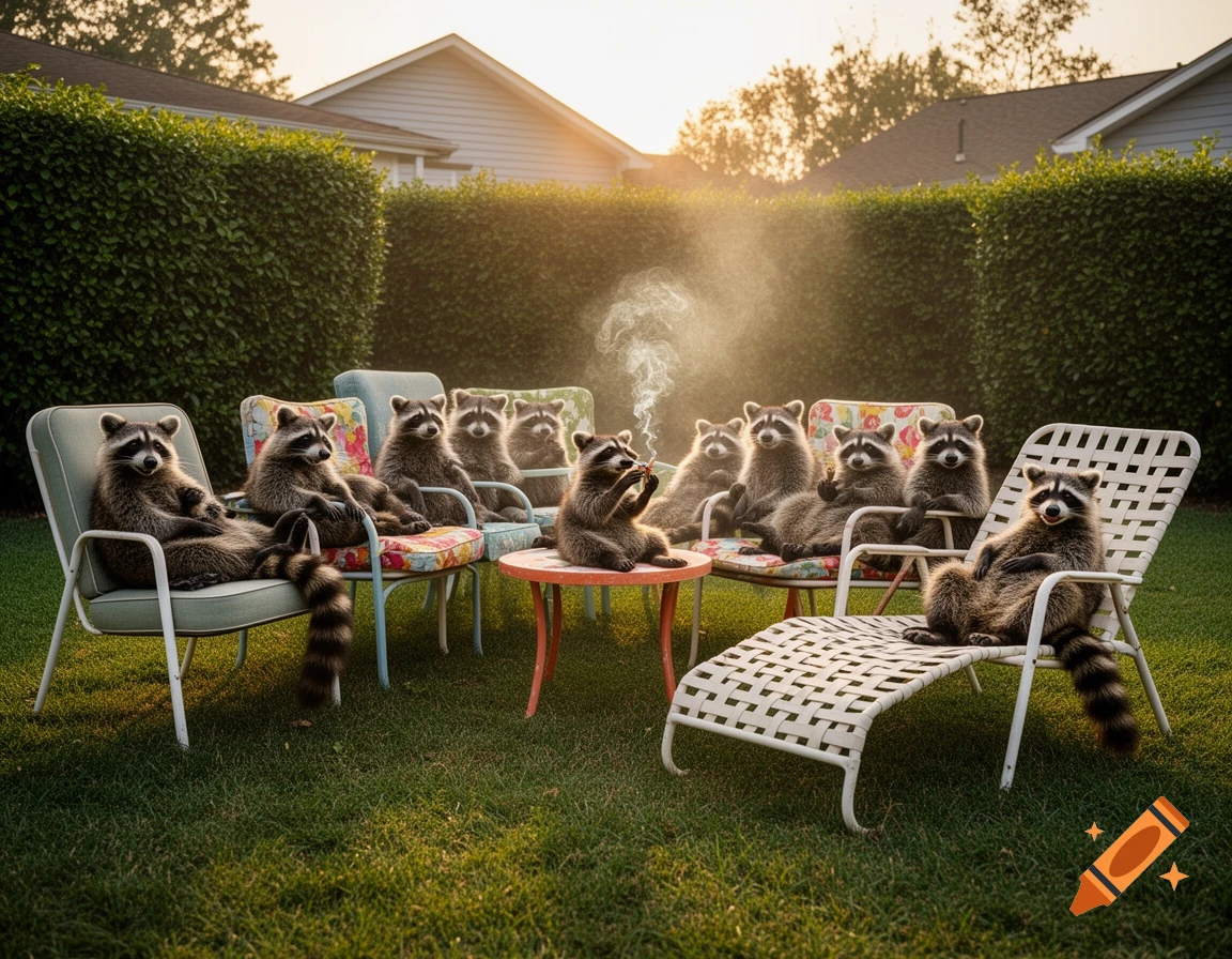 Several raccoons relax on lawn furniture in a backyard at sunset, one ...