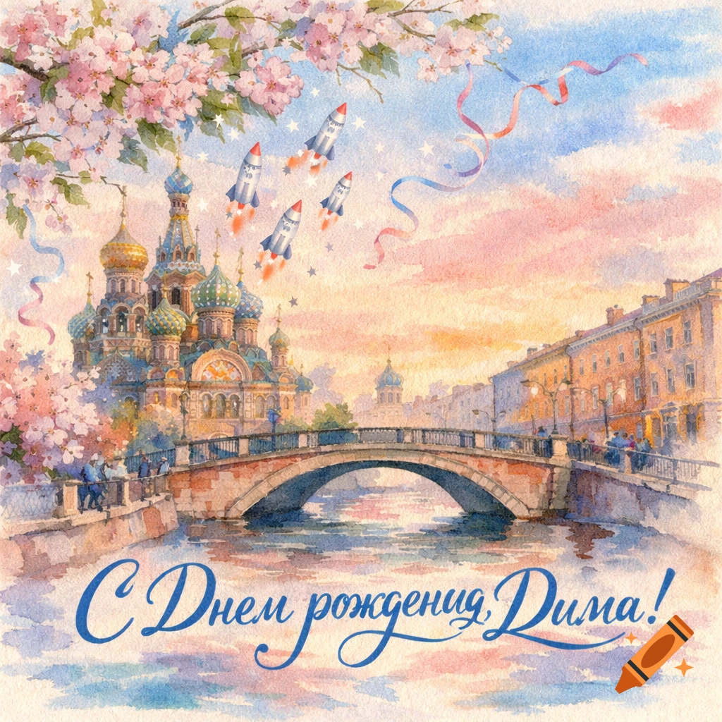Watercolor painting of St. Petersburg with the Church of the Savior on Spilled Blood, a canal, a bridge, cherry blossoms, flying rockets, and text "Happy Birthday, Dima!"