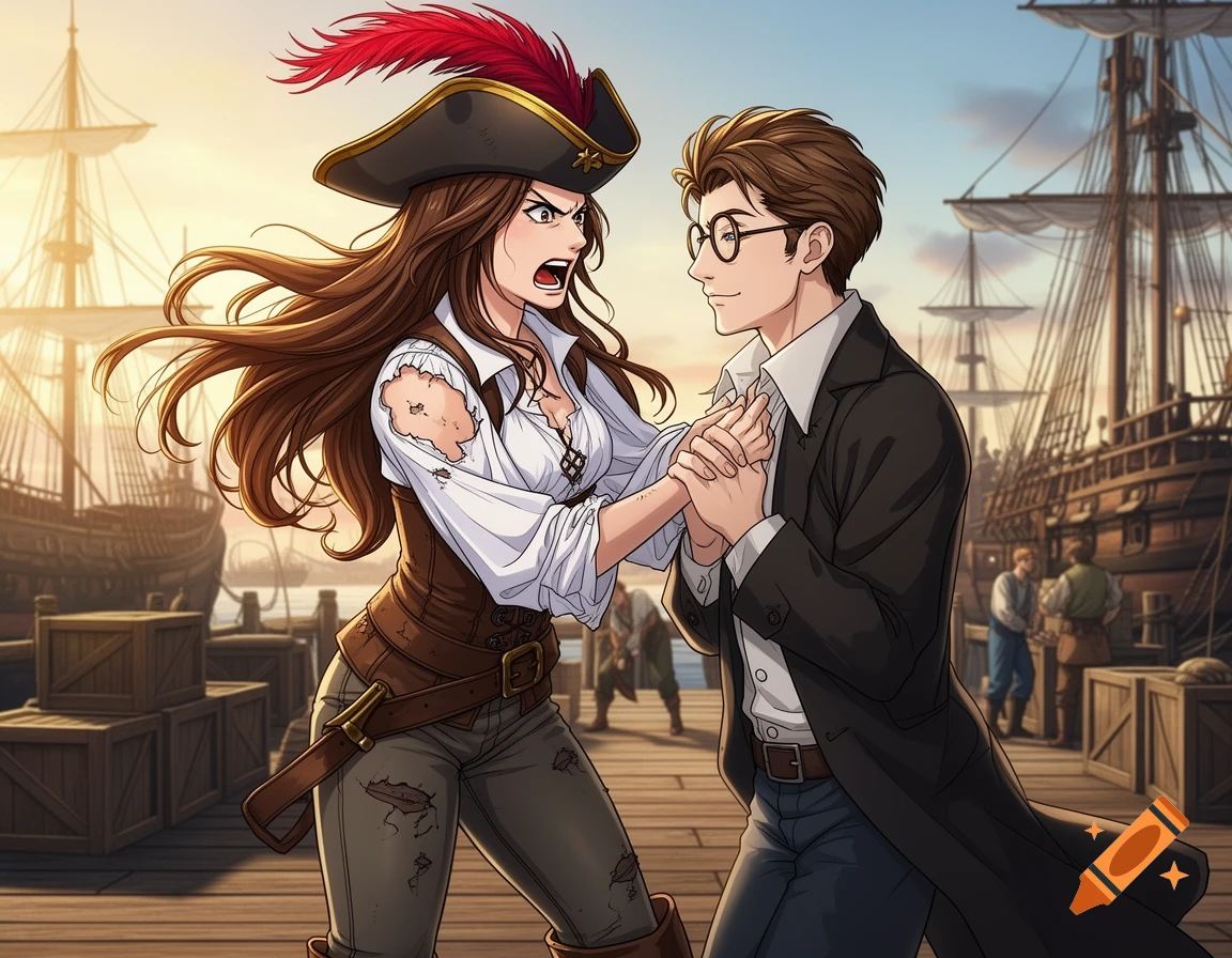 Anime-style drawing of an angry pirate woman grabbing a glasses-wearing man's shirt on a dock with ships.