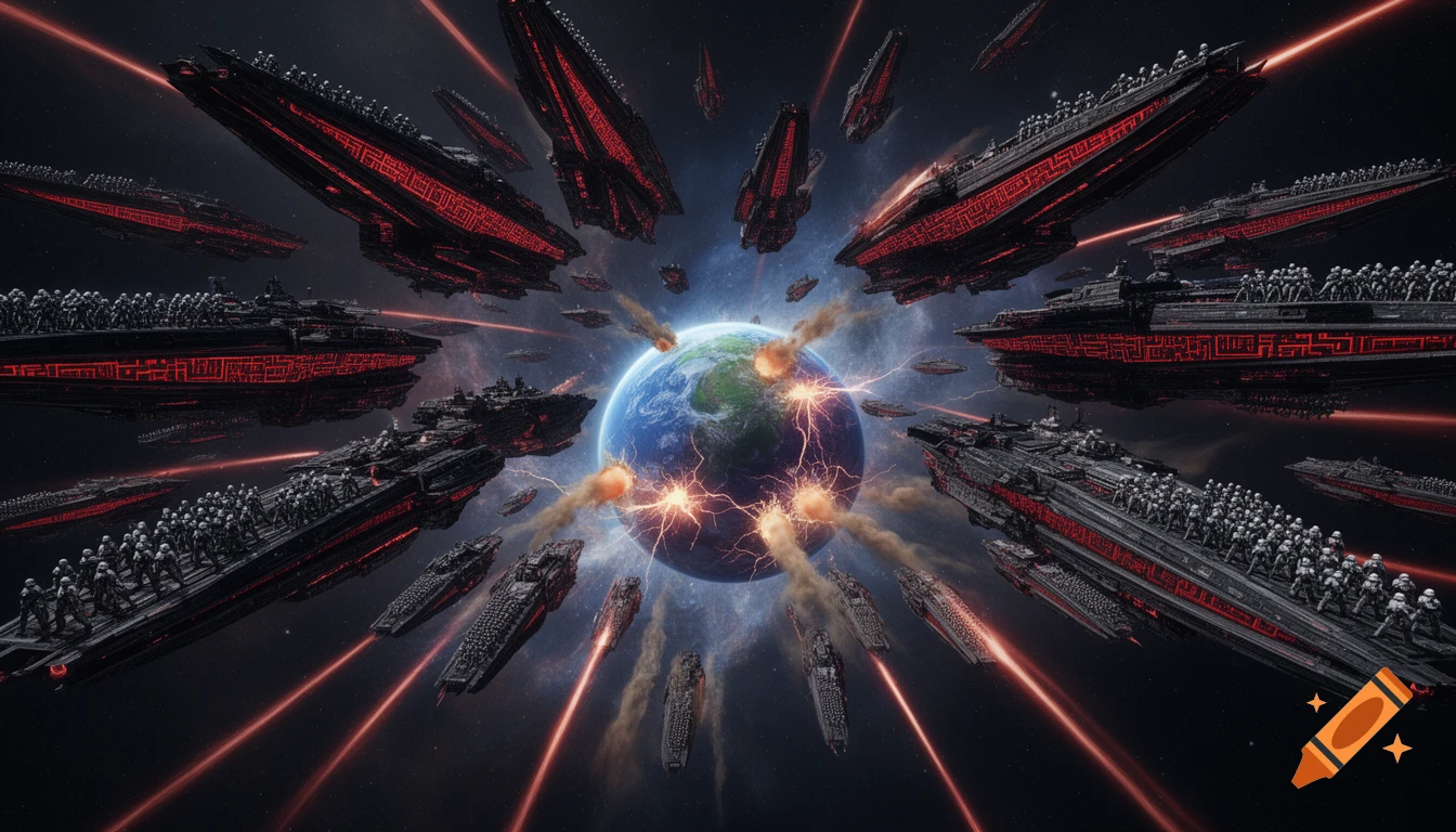A fleet of dark, red-glowing spaceships with rows of soldiers attacks a planet with energy beams and explosions in deep space.