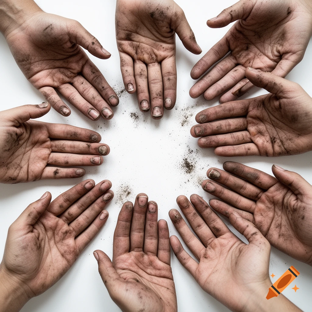 Multiple dirty hands arranged in a circle on a white background, photorealistic.