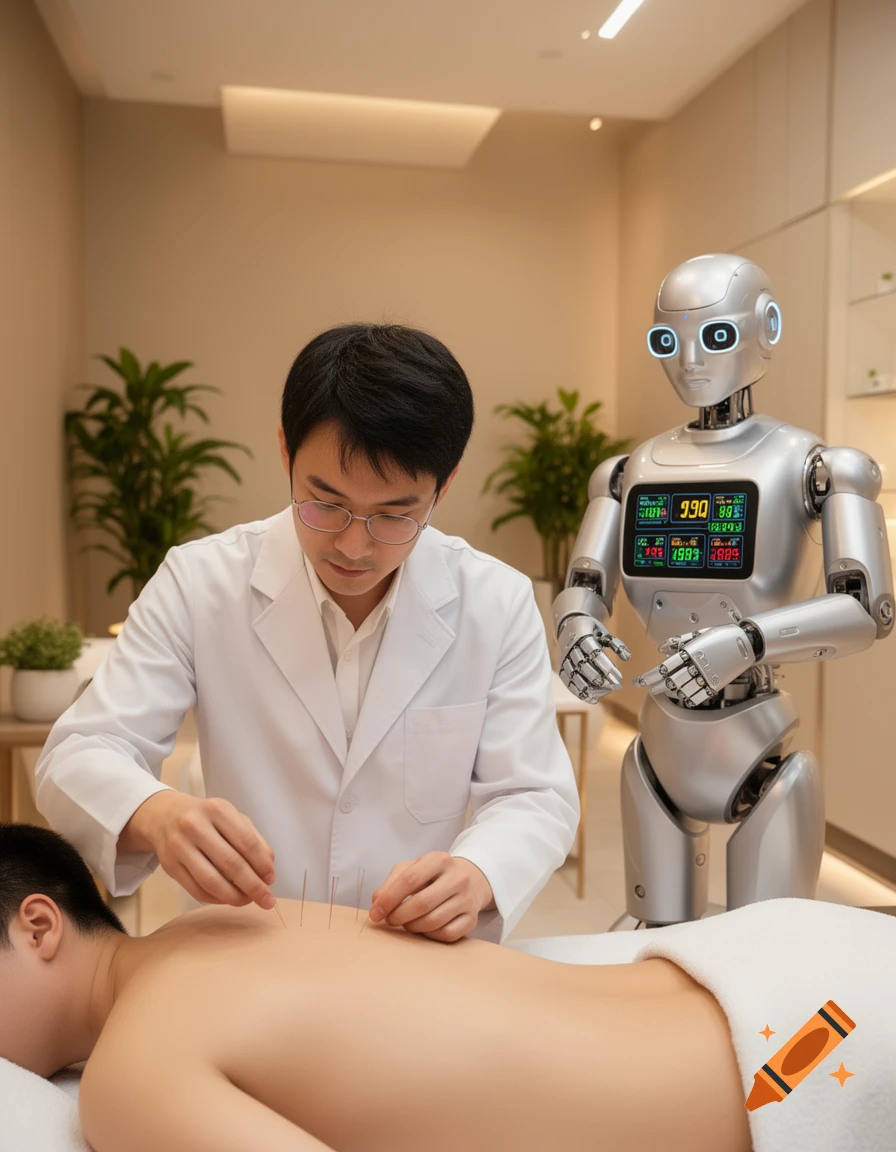 A male doctor performs acupuncture on a patient's back, while a silver robot assistant with a digital display stands nearby in a modern clinic.