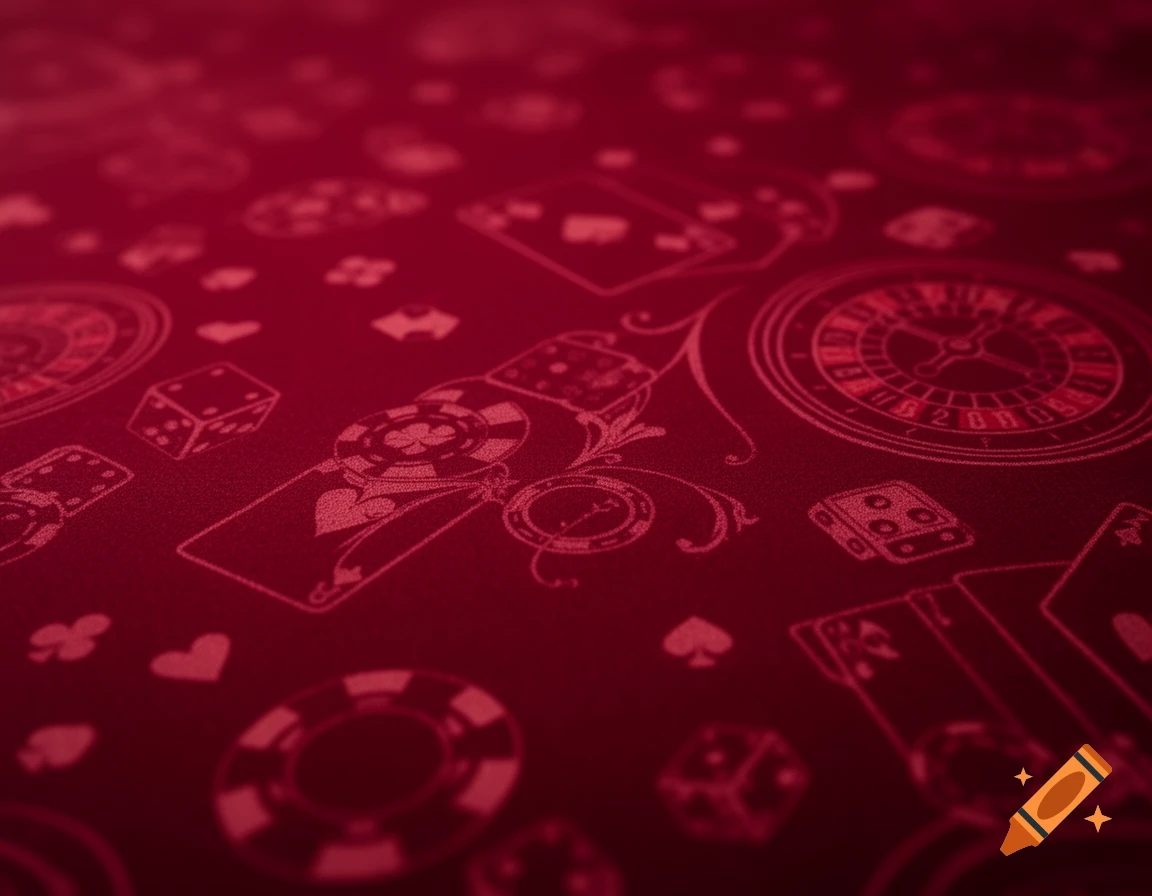 Red background with blurred casino-themed patterns: roulette wheels, playing cards, dice, and poker chips.