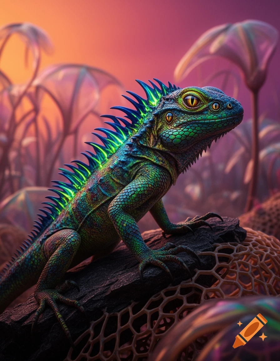 A vibrant, multi-eyed lizard-like creature with glowing green and blue spines on a log, set in a surreal purple and orange alien landscape.
