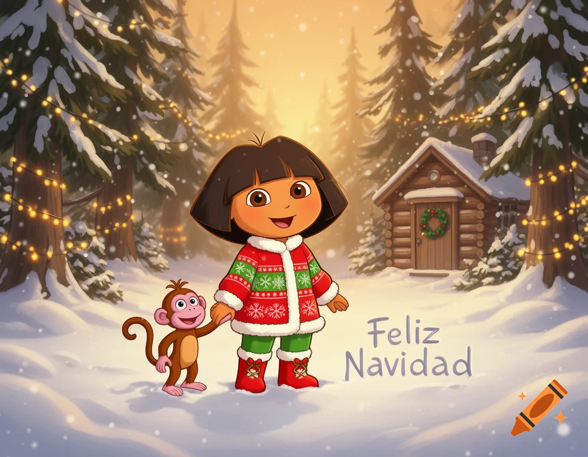 Cartoon Dora the Explorer and Boots in a snowy Christmas forest with a cabin, wearing festive outfits, and holding hands.