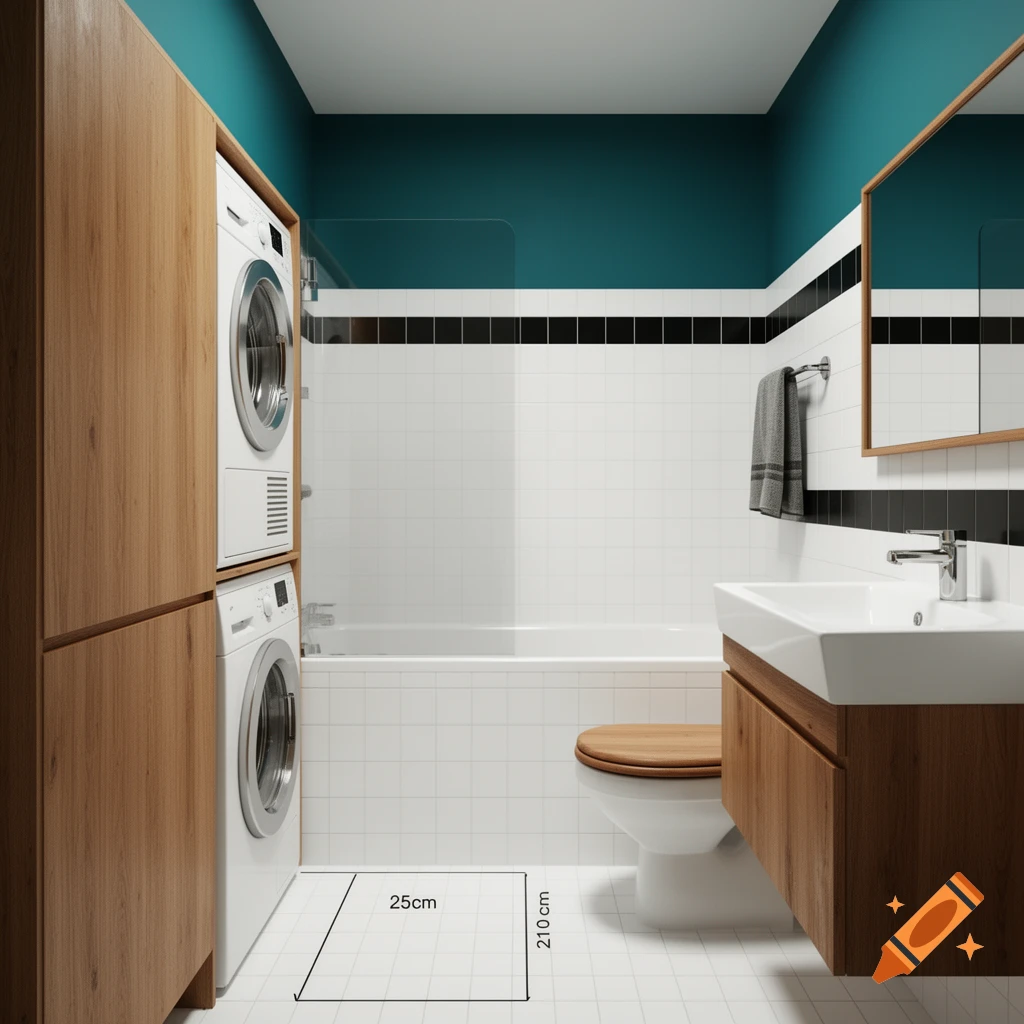 A modern bathroom with a teal accent wall, white tiled walls and floor, stacked washer and dryer, toilet with a wooden seat, and a sink with a wooden vanity.