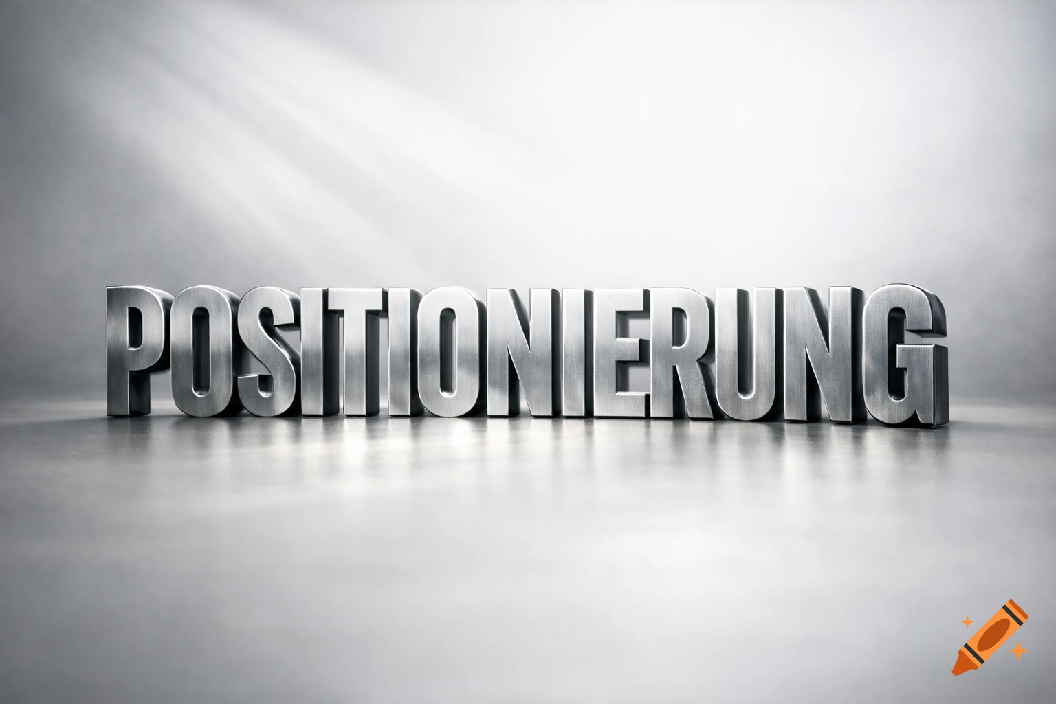 A large, brushed metallic three-dimensional "POSITIONIERUNG" stands upright against a light, blurry background.