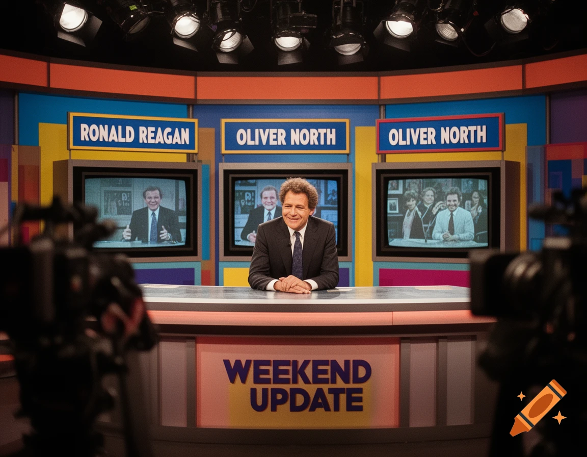 A man resembling Dennis Miller sits at a news desk labeled 'WEEKEND UPDATE'. Behind him are screens with 'RONALD REAGAN' and 'OLIVER NORTH' signs.