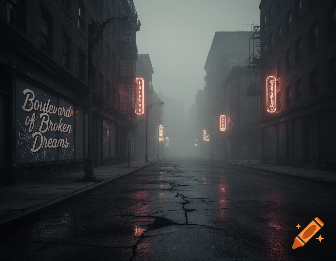 A dark, foggy city street with wet pavement reflecting neon signs. A large sign on a building reads "Boulevard of Broken Dreams" with cracked glass.