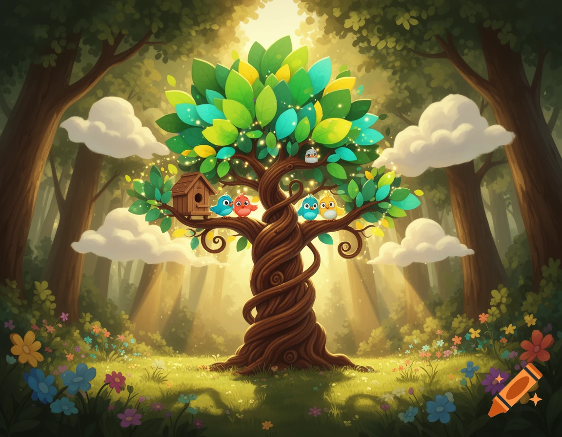 A vibrant cartoon tree with colorful leaves stands in a sunny forest ...