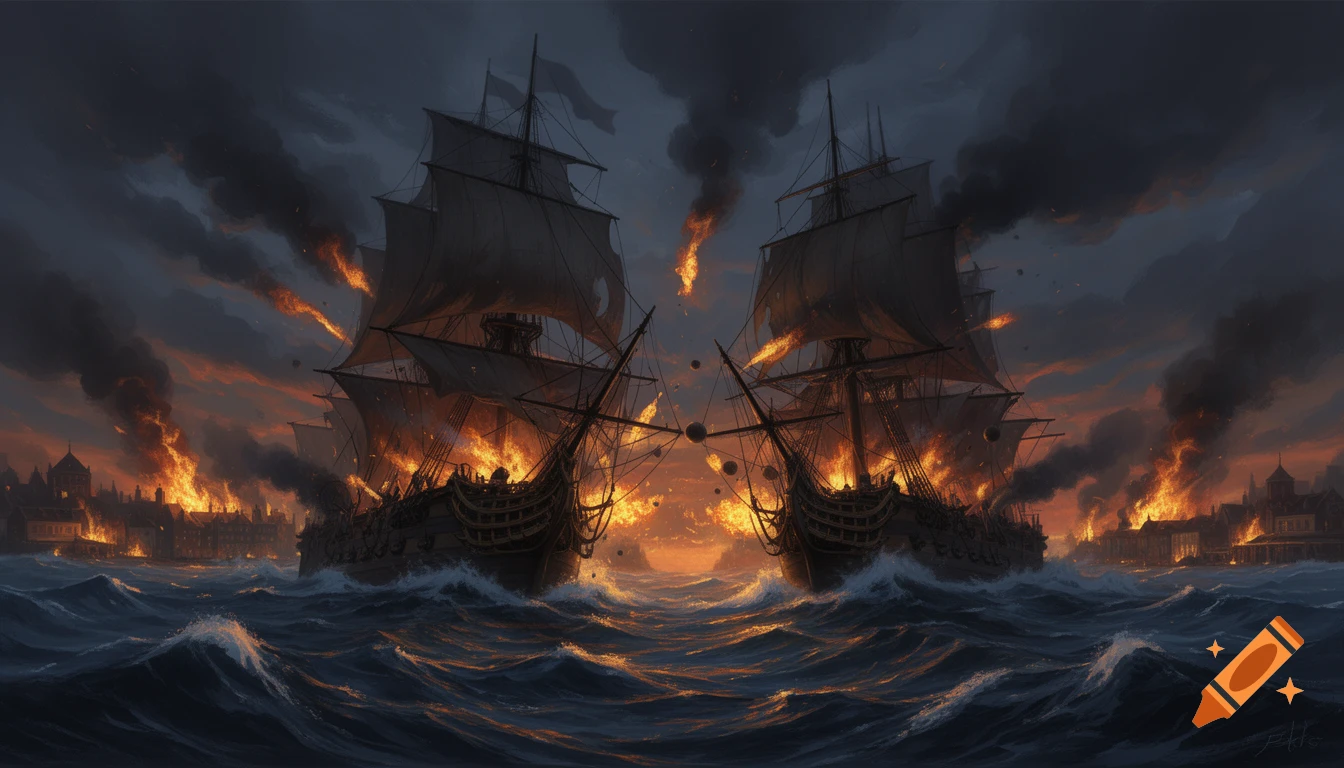 Two large sailing ships, engulfed in flames and smoke, battle on a stormy sea with waves crashing. A city burns in the background under a dark, dramatic sky.