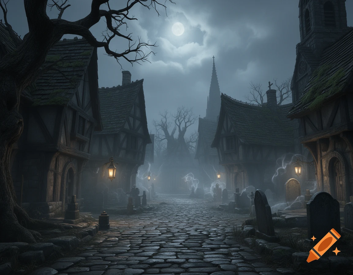 A dark, misty medieval village street with cobblestone path, half-timbered houses, bare trees, and tombstones under a full moon. An eerie church spire looms in the background.