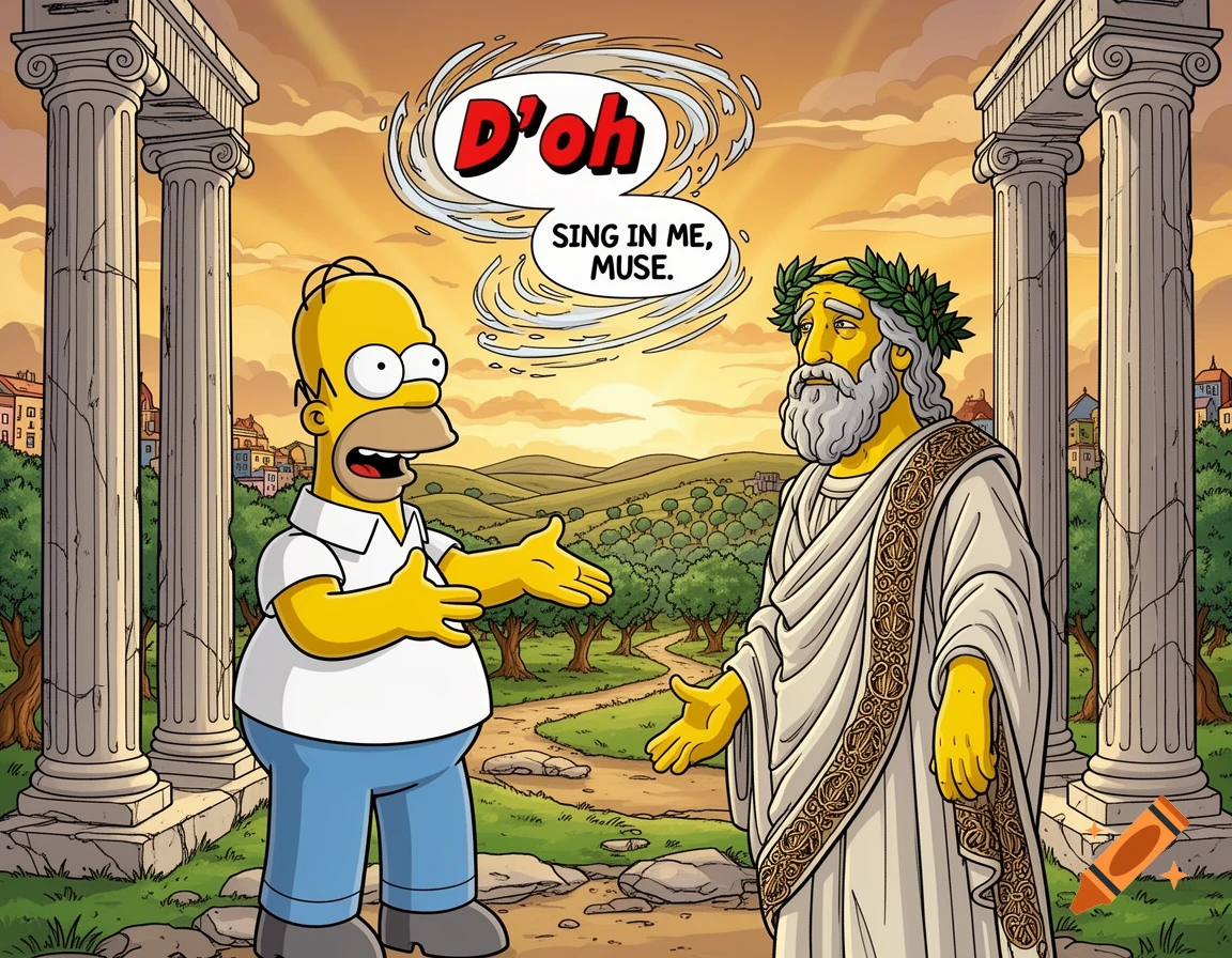 Homer Simpson reacting with 'D'oh' to the ancient Greek poet Homer, who says 'Sing in me, Muse,' set against classical ruins at sunset in a cartoon style.