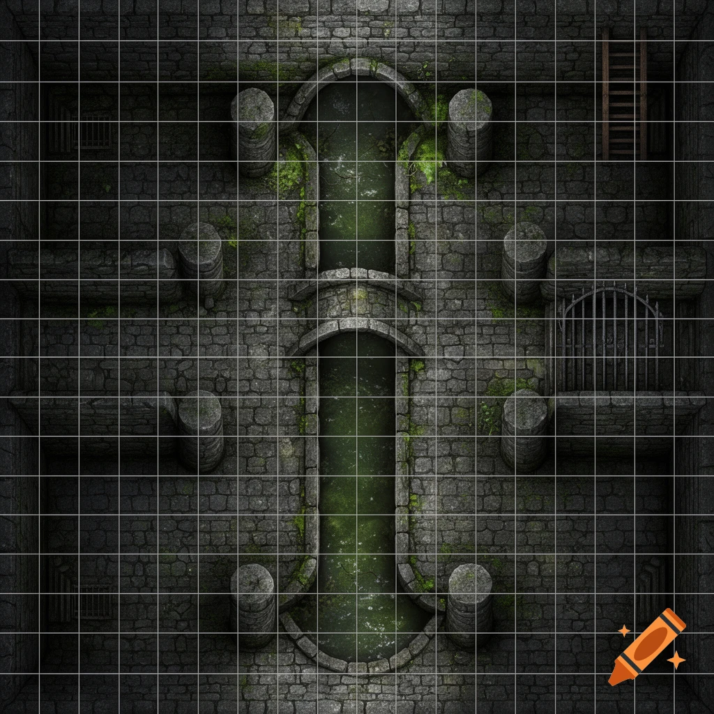 Top-down medieval fantasy sewer battlemap with a central murky green canal, stone bridges, pillars, and a grid overlay.