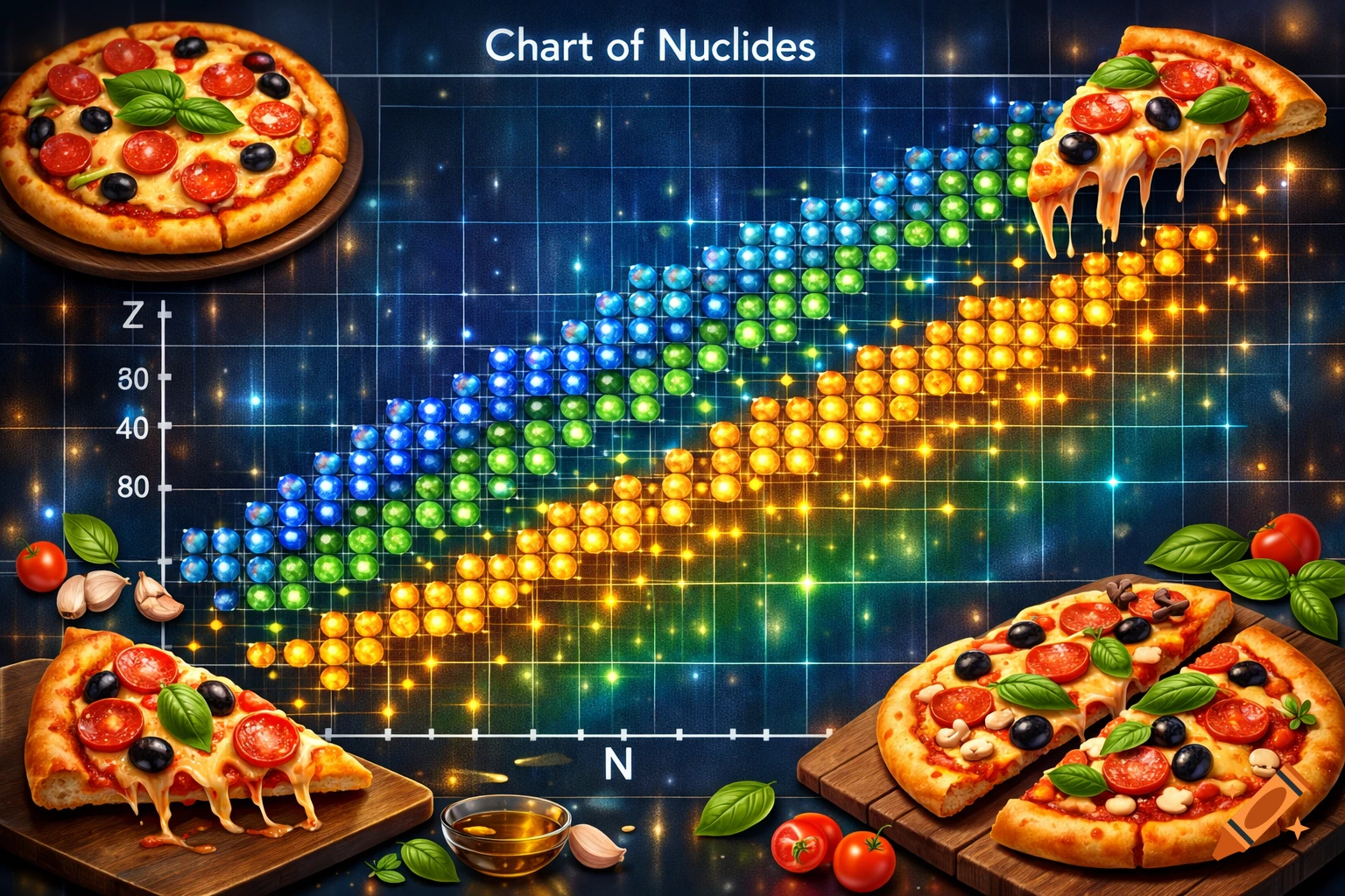 A vibrant 'Chart of Nuclides' diagram overlaid with several delicious pizzas and slices featuring pepperoni, olives, and basil.