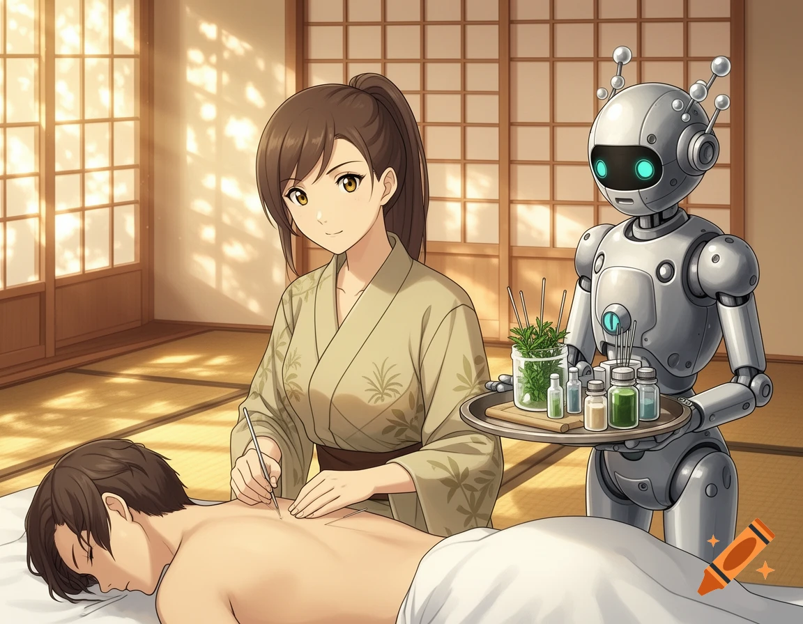 An anime woman in a kimono performs acupuncture on a man's back, while a robot assistant holds a tray of supplies in a traditional Japanese room.