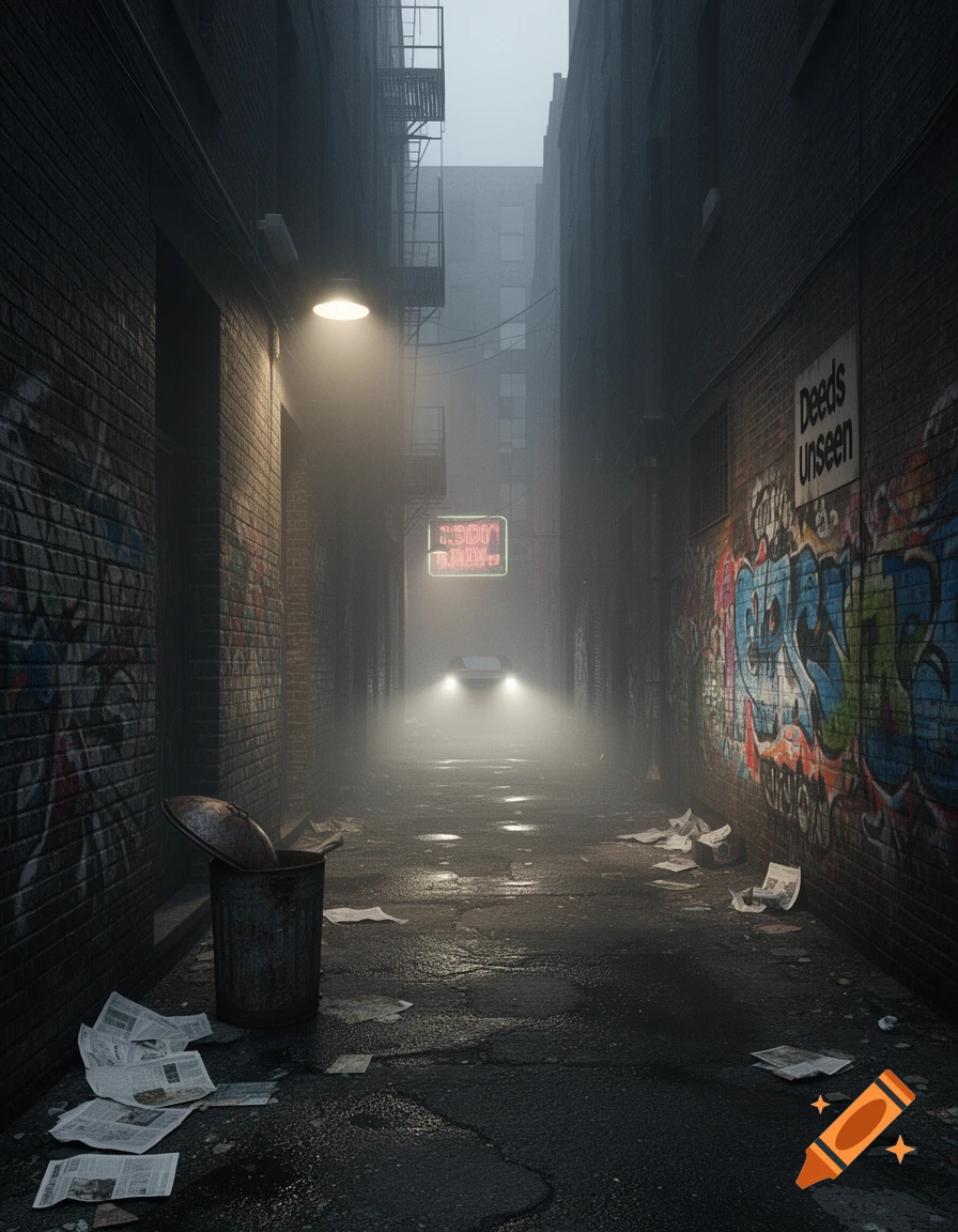 A dark, foggy city alley at night with graffiti-covered brick walls, a trash can, and a car approaching with bright headlights in the distance.