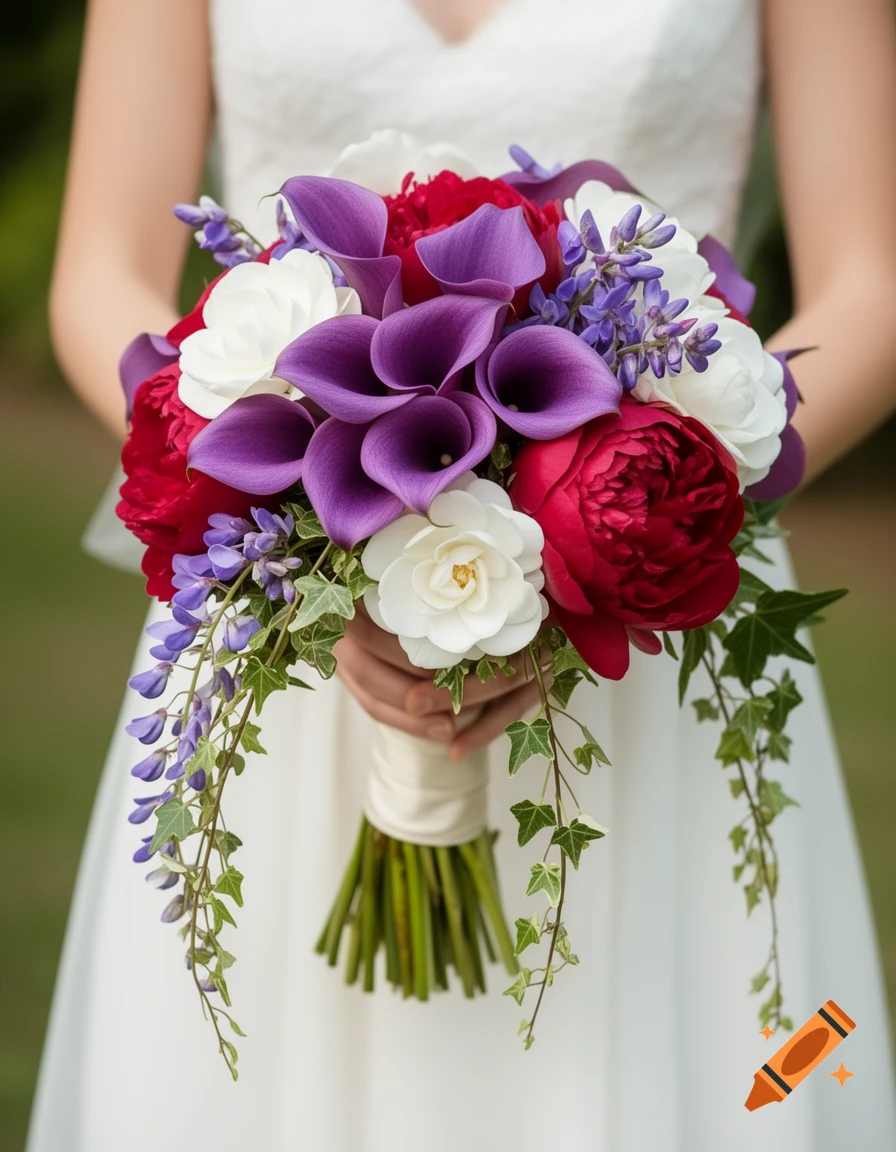 A close-up of a bride holding an elegant bouquet of purple calla lilies, red peonies, white gardenias, and trailing ivy.