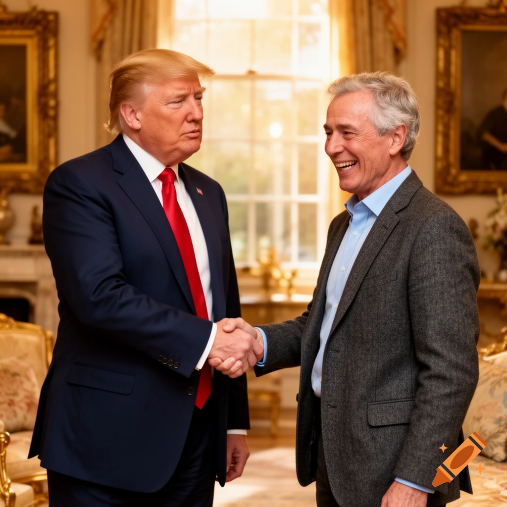Donald Trump in a navy suit and red tie shakes hands with a smiling man in a grey jacket in a richly decorated room.