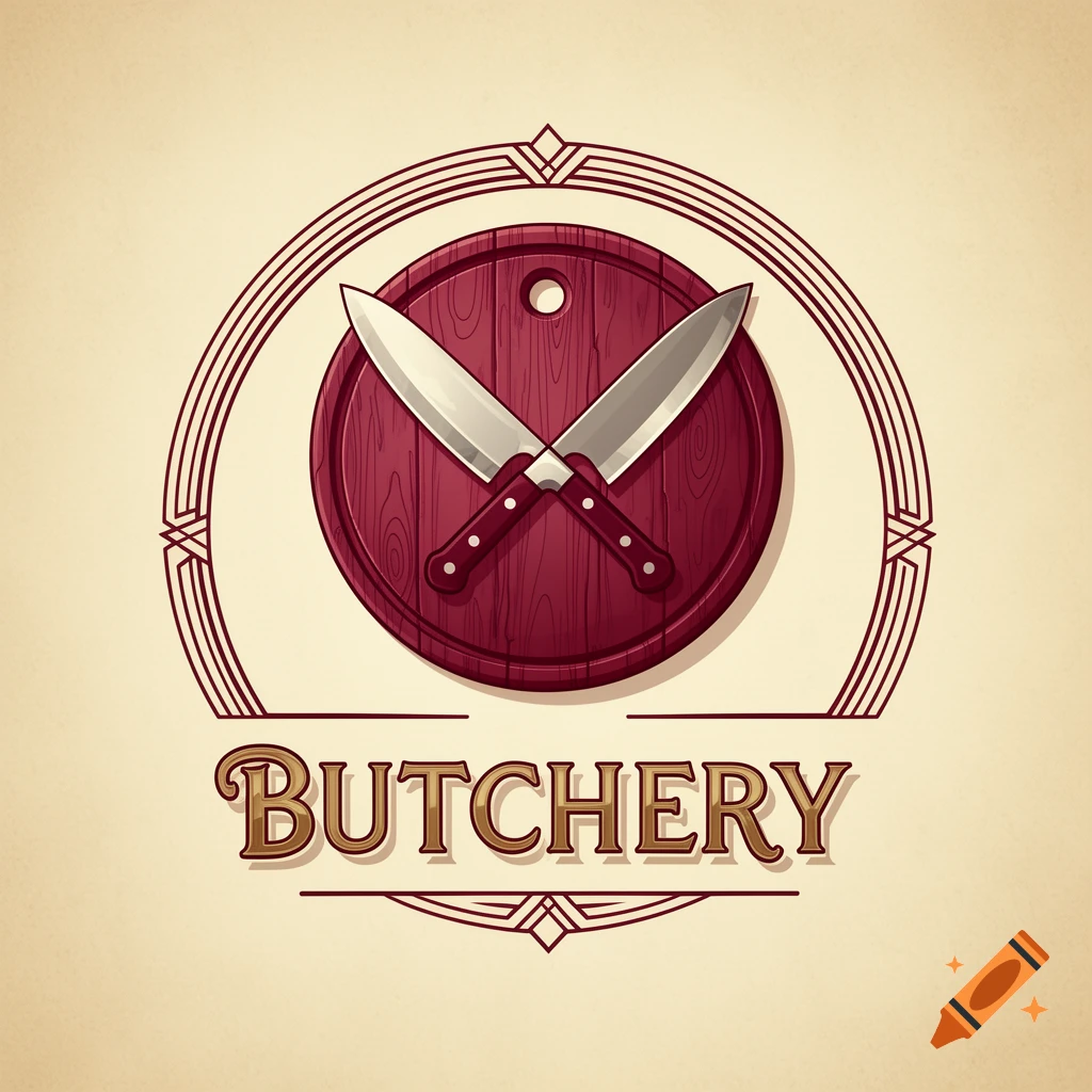 Vintage-style butcher's logo with crossed knives on a round cutting board, and 'BUTCHERY' text.
