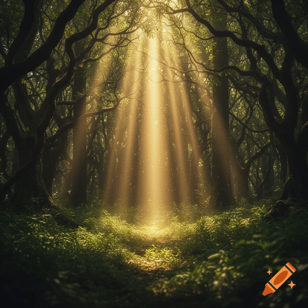 Sunlight streams through the canopy of a lush, green forest ...