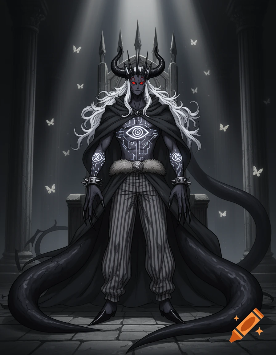 Anime-style dark fantasy art of a horned, red-eyed figure with white hair and glowing tattoos in a gloomy throne room with butterflies.