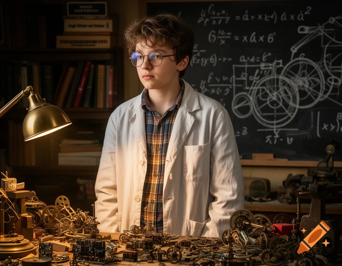 A young boy in a lab coat and glasses stands in a workshop filled with intricate gears, clockwork, and tools, with a chalkboard behind him.