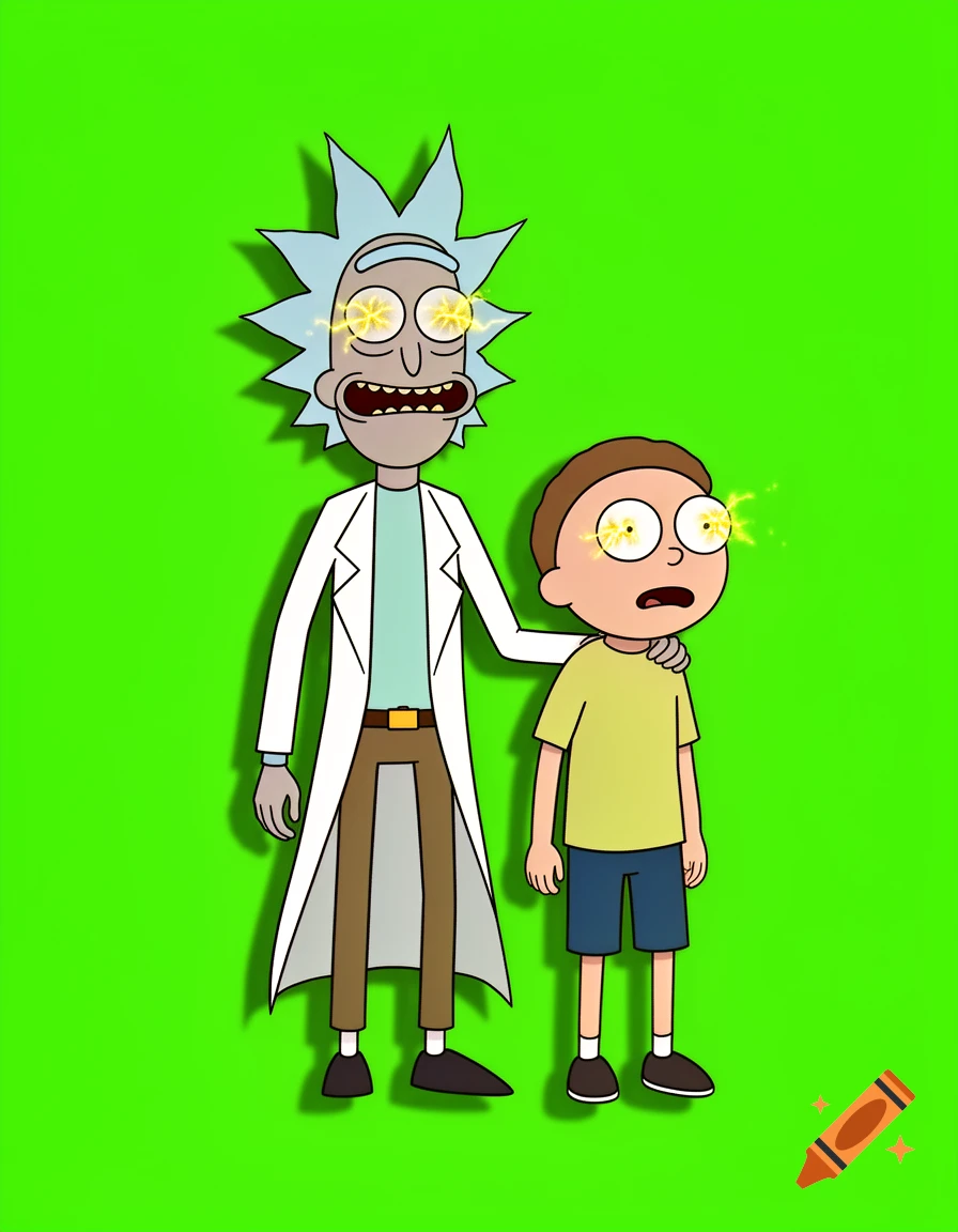 Rick and Morty with glowing yellow eyes stand together against a bright green background in a cartoon style.
