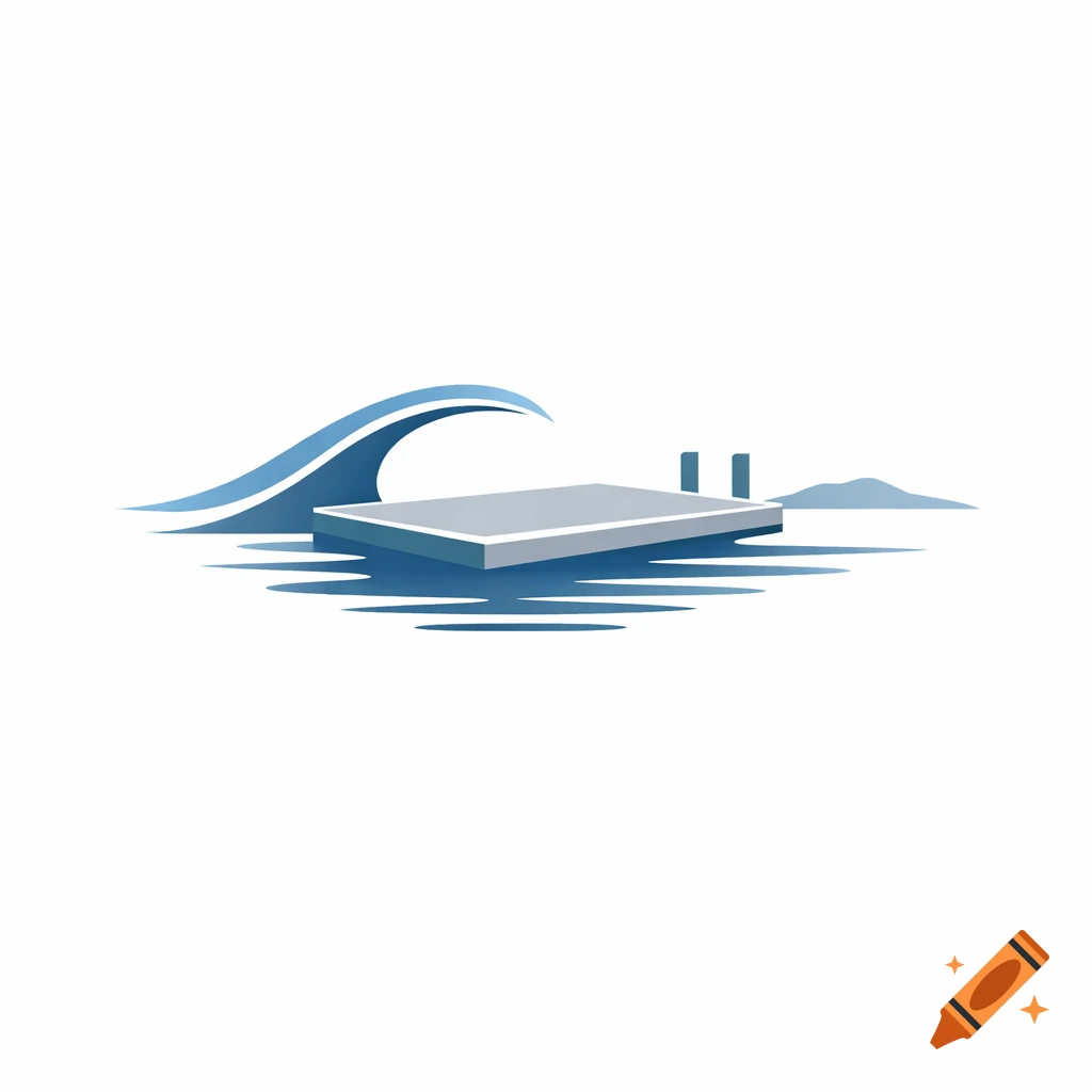 A stylized logo featuring a grey floating dock on blue water with a large blue wave arcing above it.