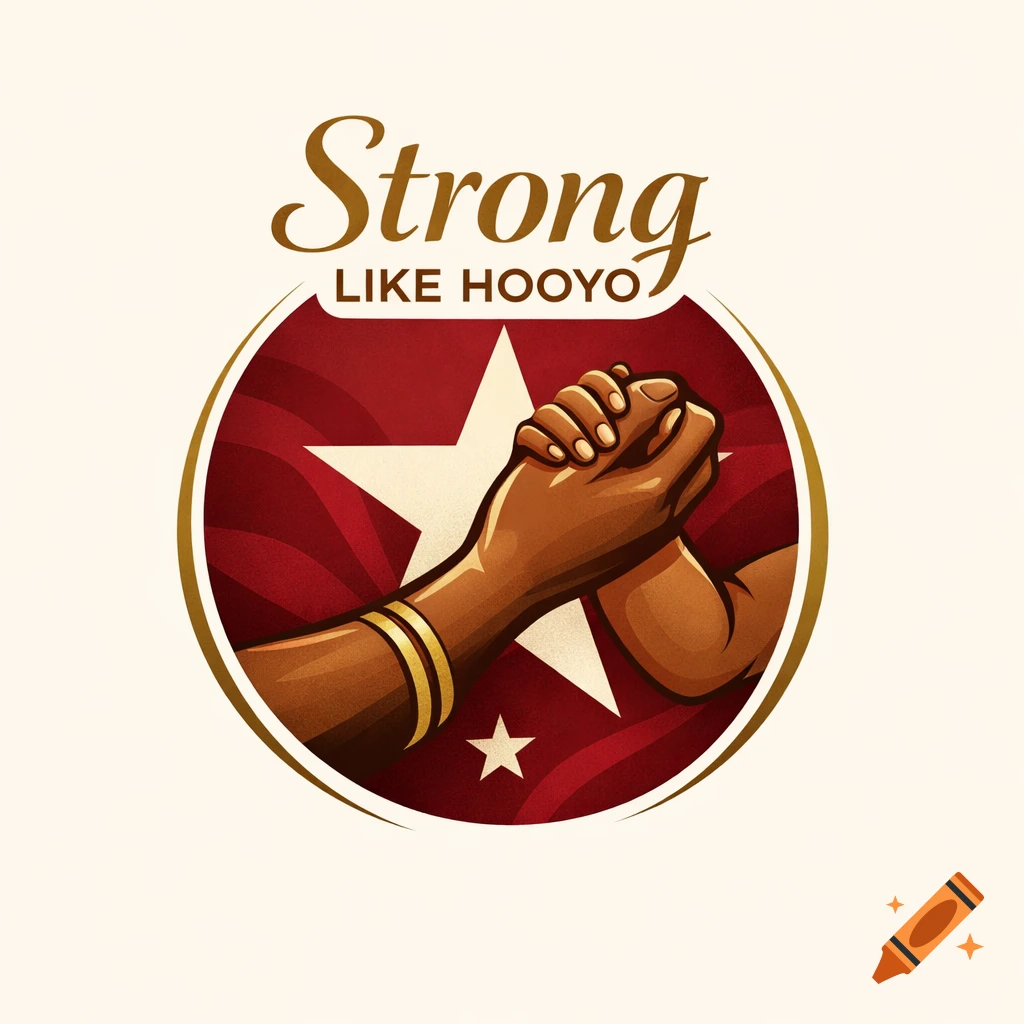 Illustration of two dark-skinned hands clasped within a red and gold circular emblem with a star and 'Strong LIKE HOOYO' text.