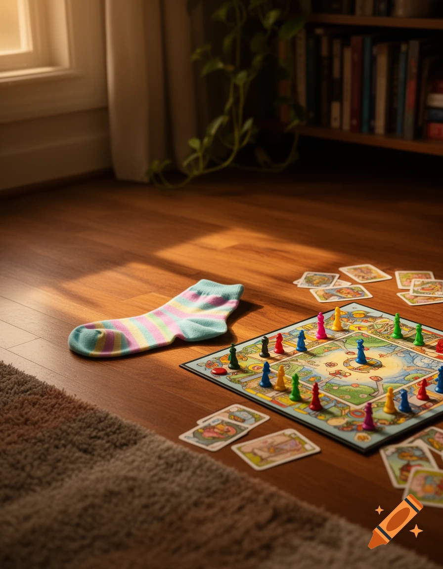A pastel striped sock rests on a wooden floor next to a board game with colorful pieces and scattered playing cards. Sunlight streams through a window, illuminating the scene near a rug and a bookshelf.