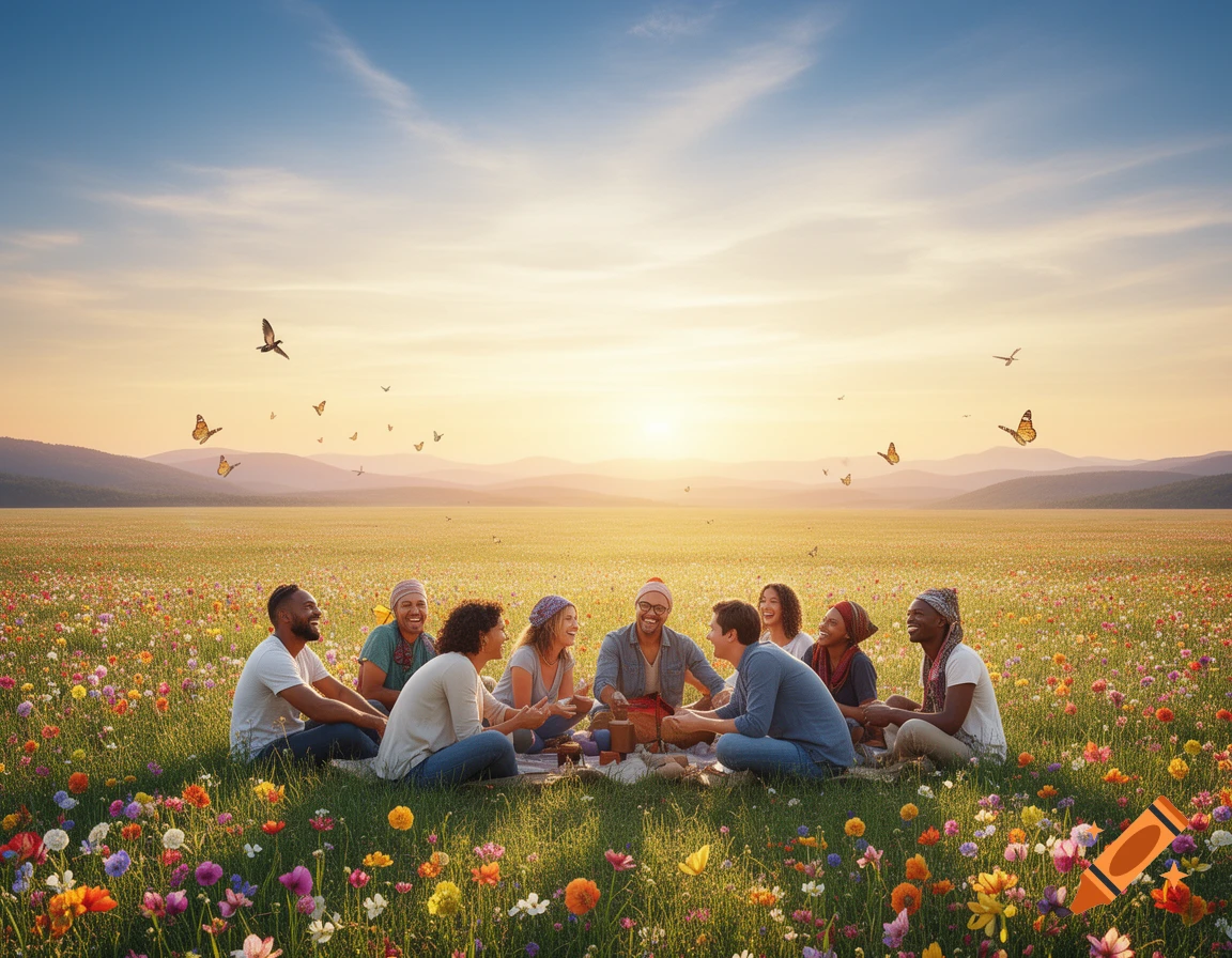 A diverse group of happy people gather for a picnic in a vibrant wildflower field at sunset, with butterflies and birds.