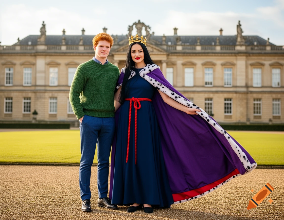 A ginger-haired man and a woman in a golden crown and purple royal cloak stand smiling outside a palace.