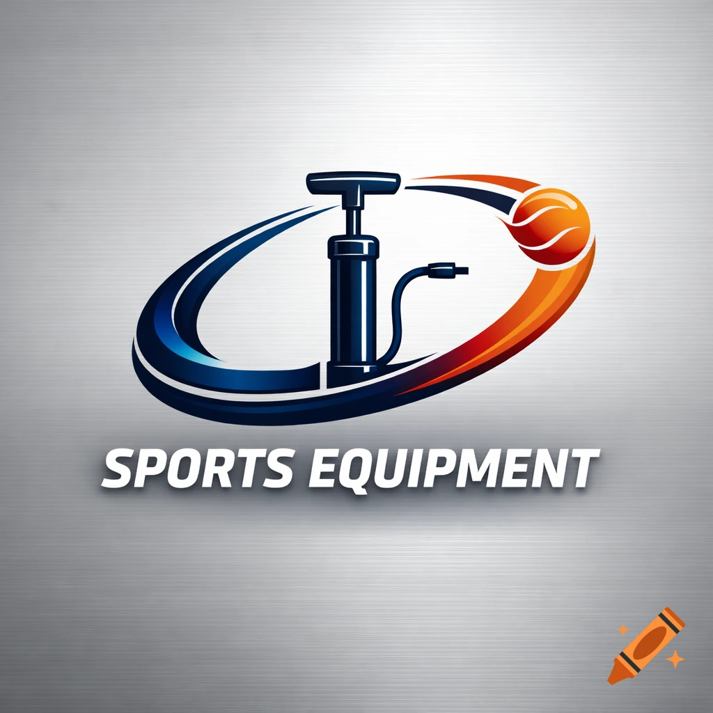 A blue and orange sports equipment logo featuring a ball pump and a stylized ball within a dynamic curved design, on a metallic background.