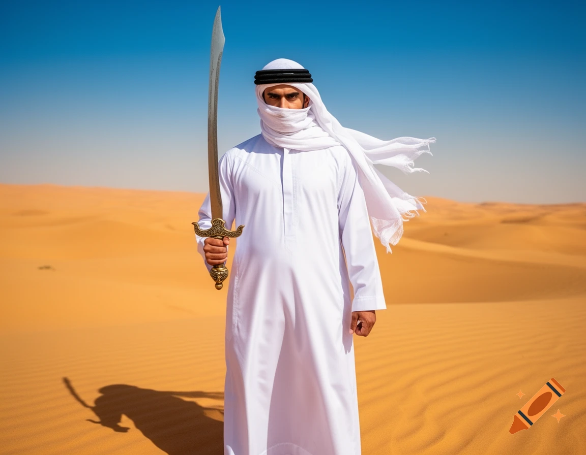 Man in white Middle Eastern attire with a ghutra, holding a sword, standing in a vast sandy desert under a clear blue sky.