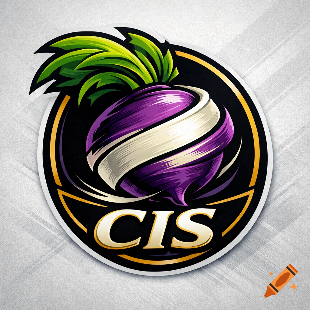 Stylized sports logo with a purple peeled turnip and green leaves, and the text 'CIS'.