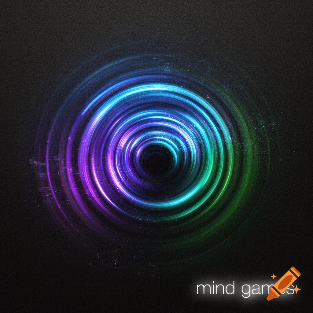 Abstract glowing spiral of blue, purple, and green light on a dark background, with 'mind games' text.
