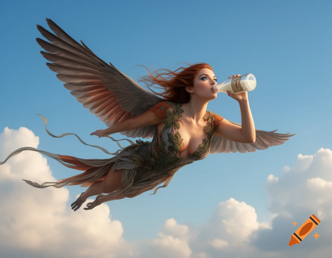 A red-haired woman with large bird wings, wearing a leaf-patterned dress, flies in a blue sky with clouds, drinking milk from a bottle.