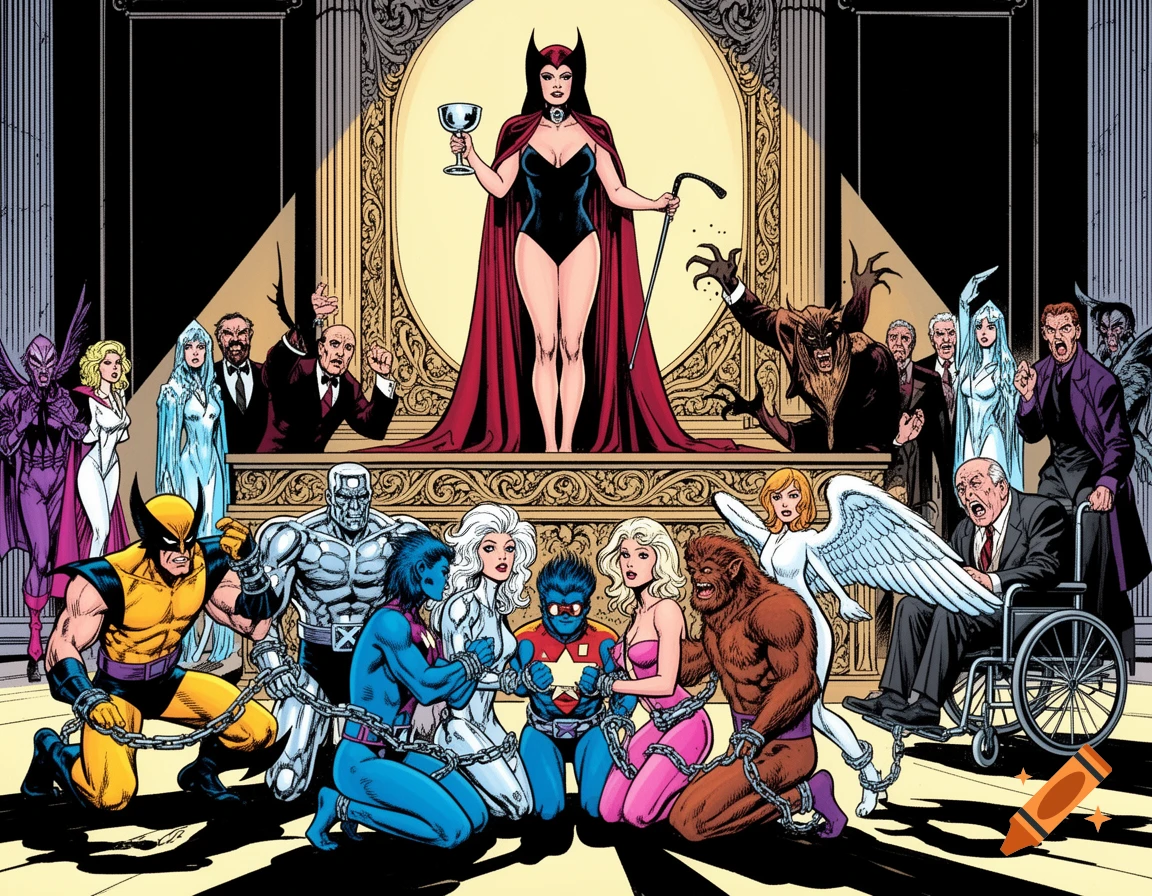 Comic book art of Scarlet Witch as the Black Queen on a dais, holding a goblet and whip. Below her, Wolverine, Nightcrawler, Storm, Colossus, and other X-Men characters kneel in shackles, observed by members of the Hellfire Club and a distressed Professor Xavier.