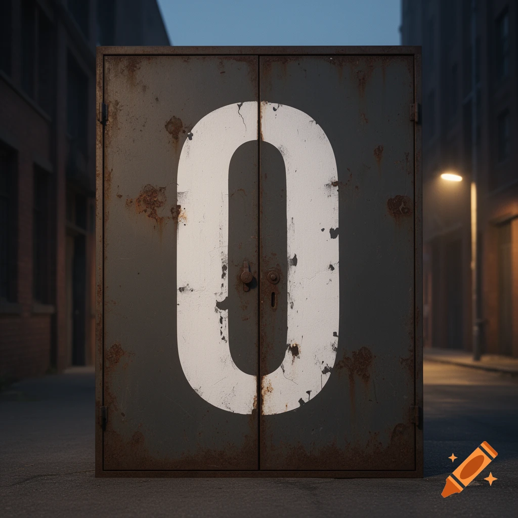 A rusty, dark green metal cabinet with a large white number 0 on its closed doors stands in a dimly lit urban alley.
