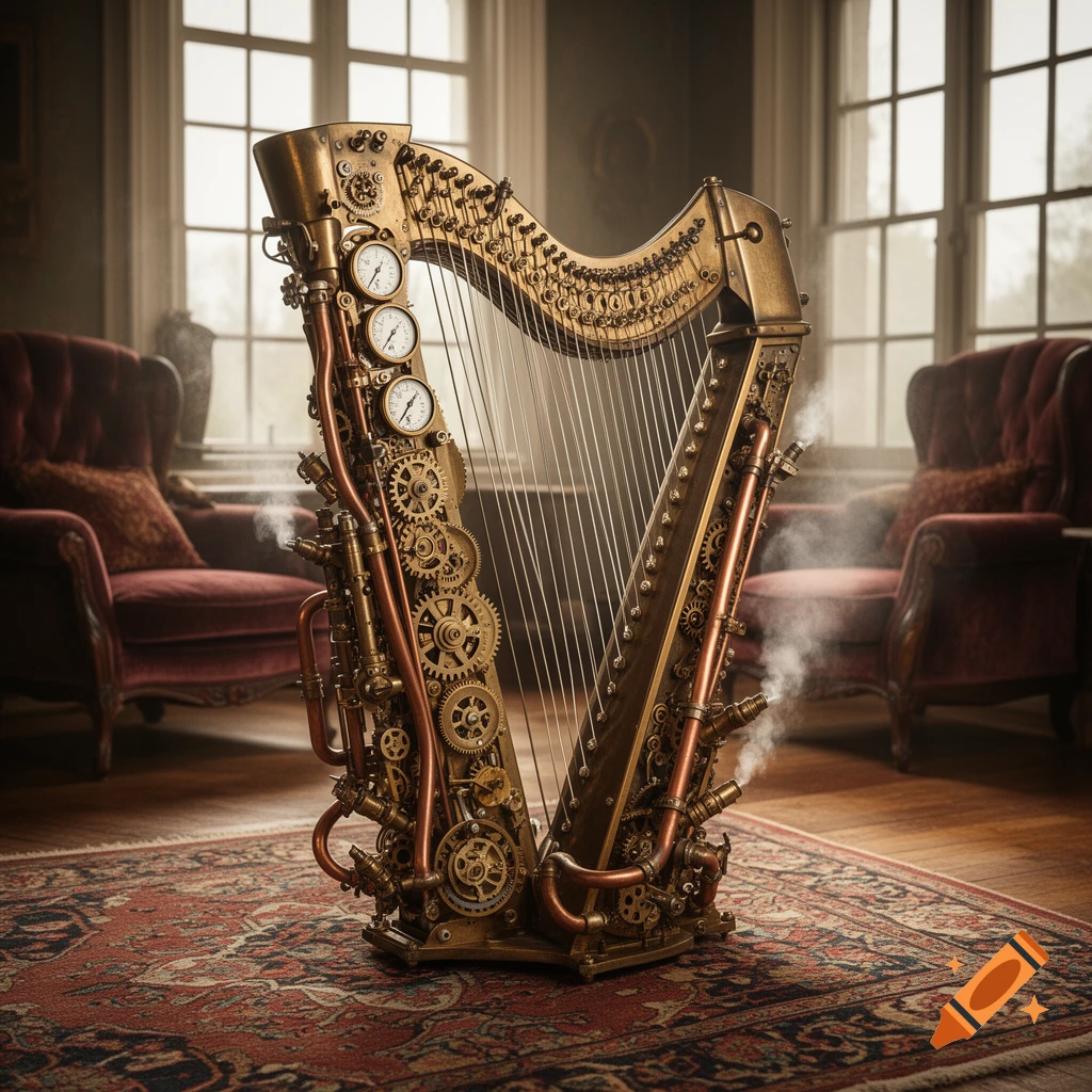 An ornate steampunk harp, made of brass with gears, pipes, and gauges, stands on a patterned rug in a lavish room with large windows.