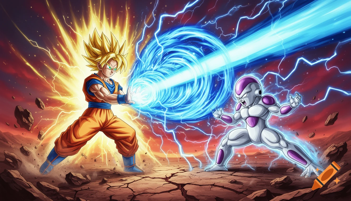 Goku as Super Saiyan unleashing a Kamehameha blast at Frieza in an intense anime battle on a cracked alien landscape.