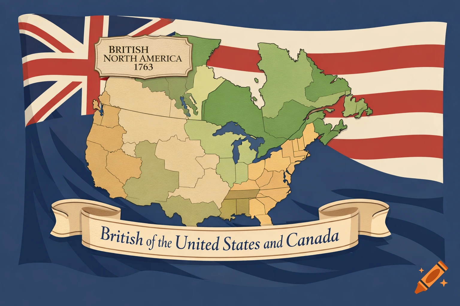 A stylized map of British North America in 1763 on a British flag with a banner reading British of the United States and Canada.